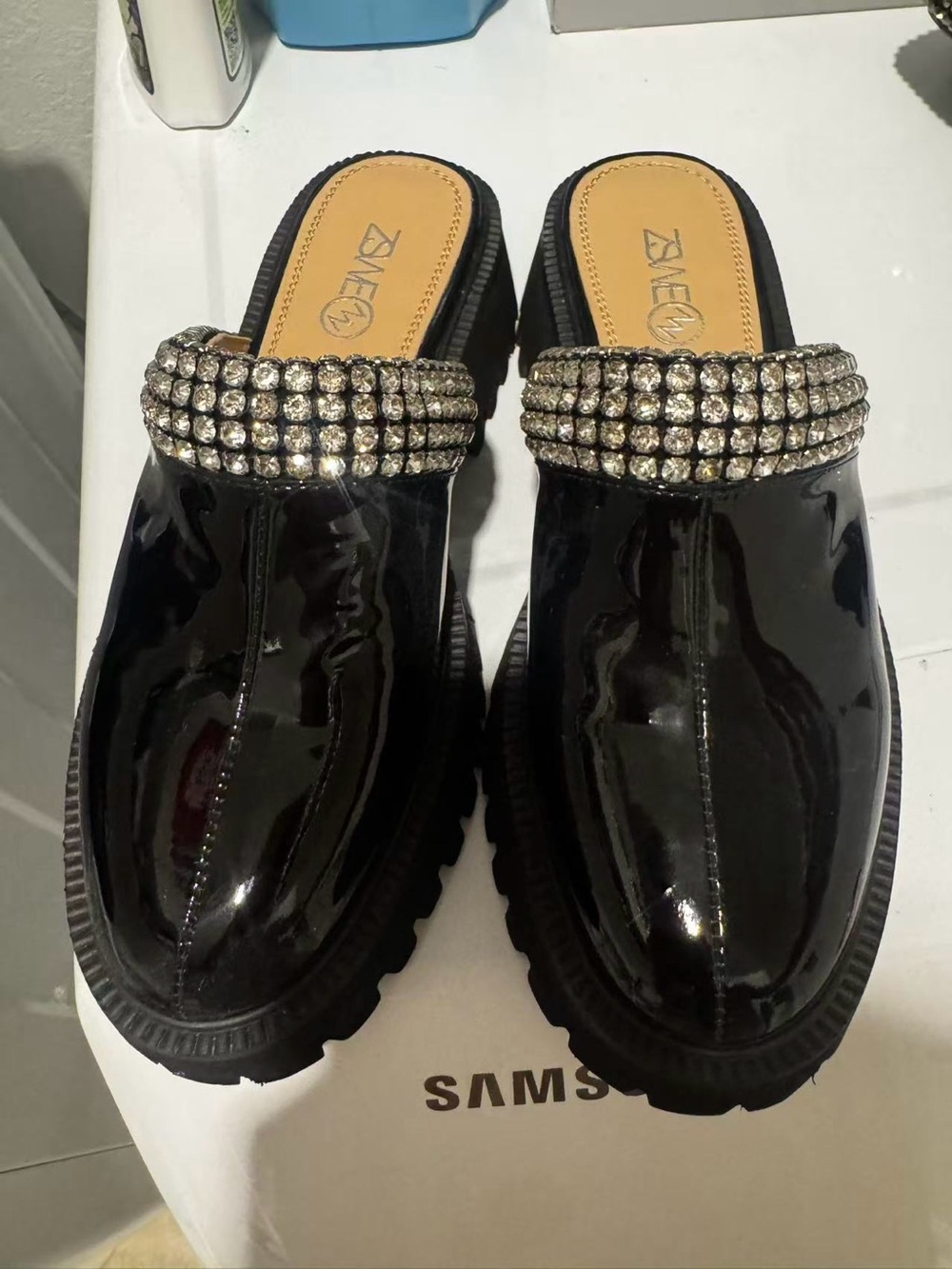 Women’s Black Patent Slip-On Mules with Rhinestone Trim